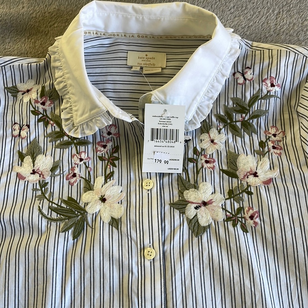 Kate Spade Embroidered Striped Ruffle Top, M, NWT